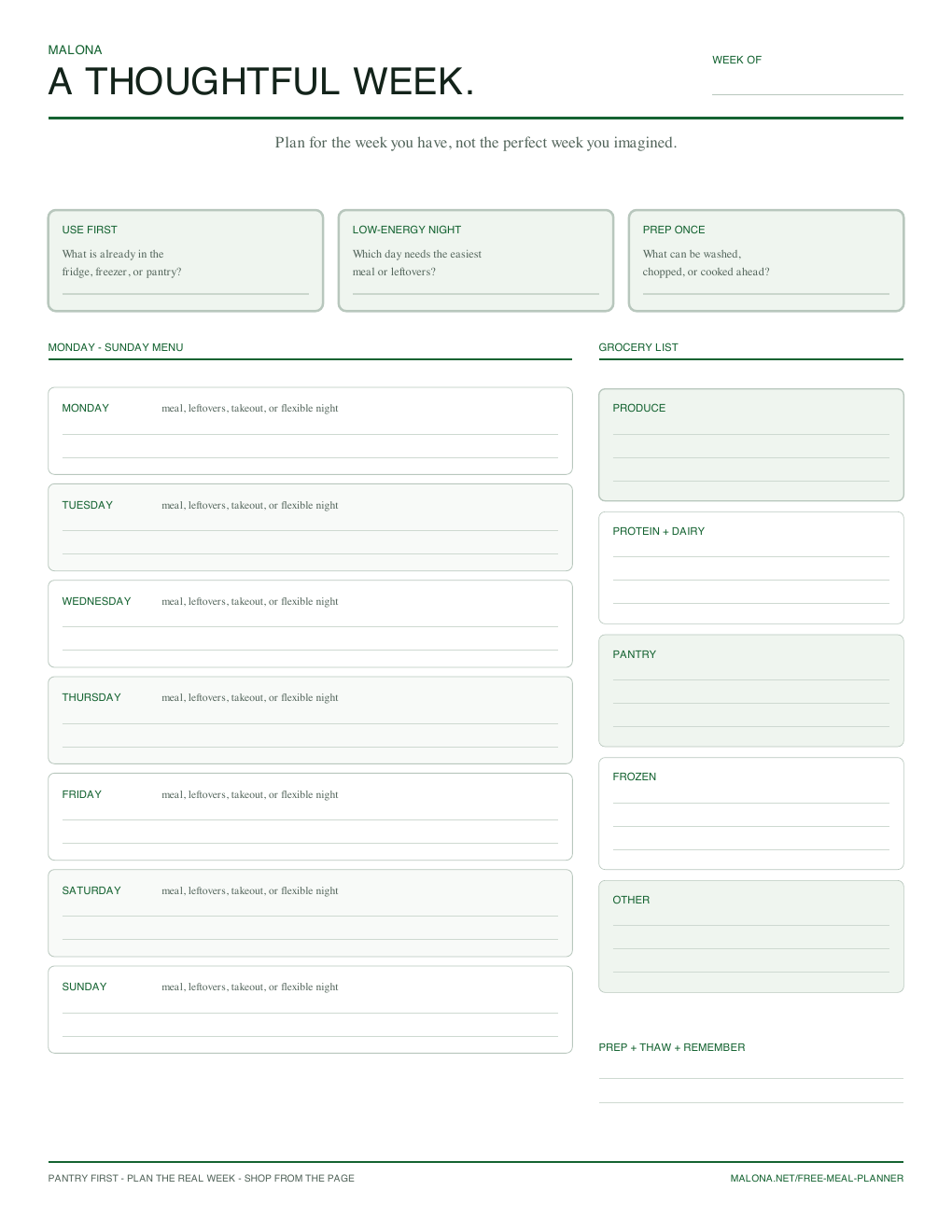 Free Malona weekly meal planner PDF with Monday through Sunday menu, categorized grocery list, and pantry-first prompts