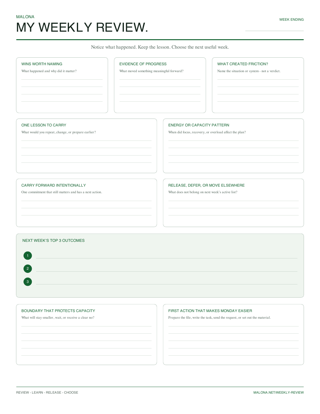 Free Malona weekly review template PDF with wins, lessons, open loops, and next week’s Top 3