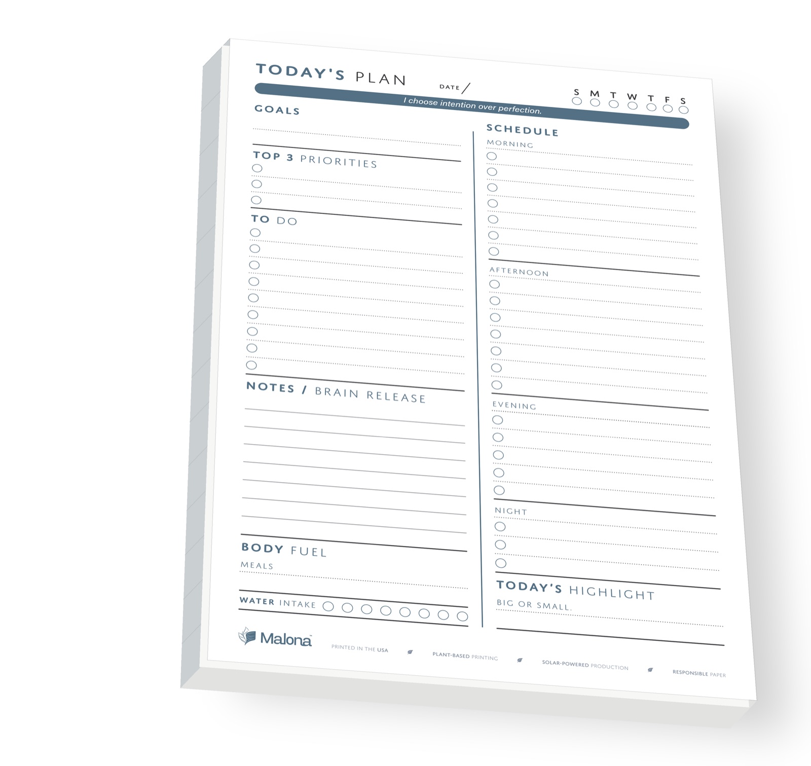 Angled Malona Daily Planner notepad on a clean white background.
