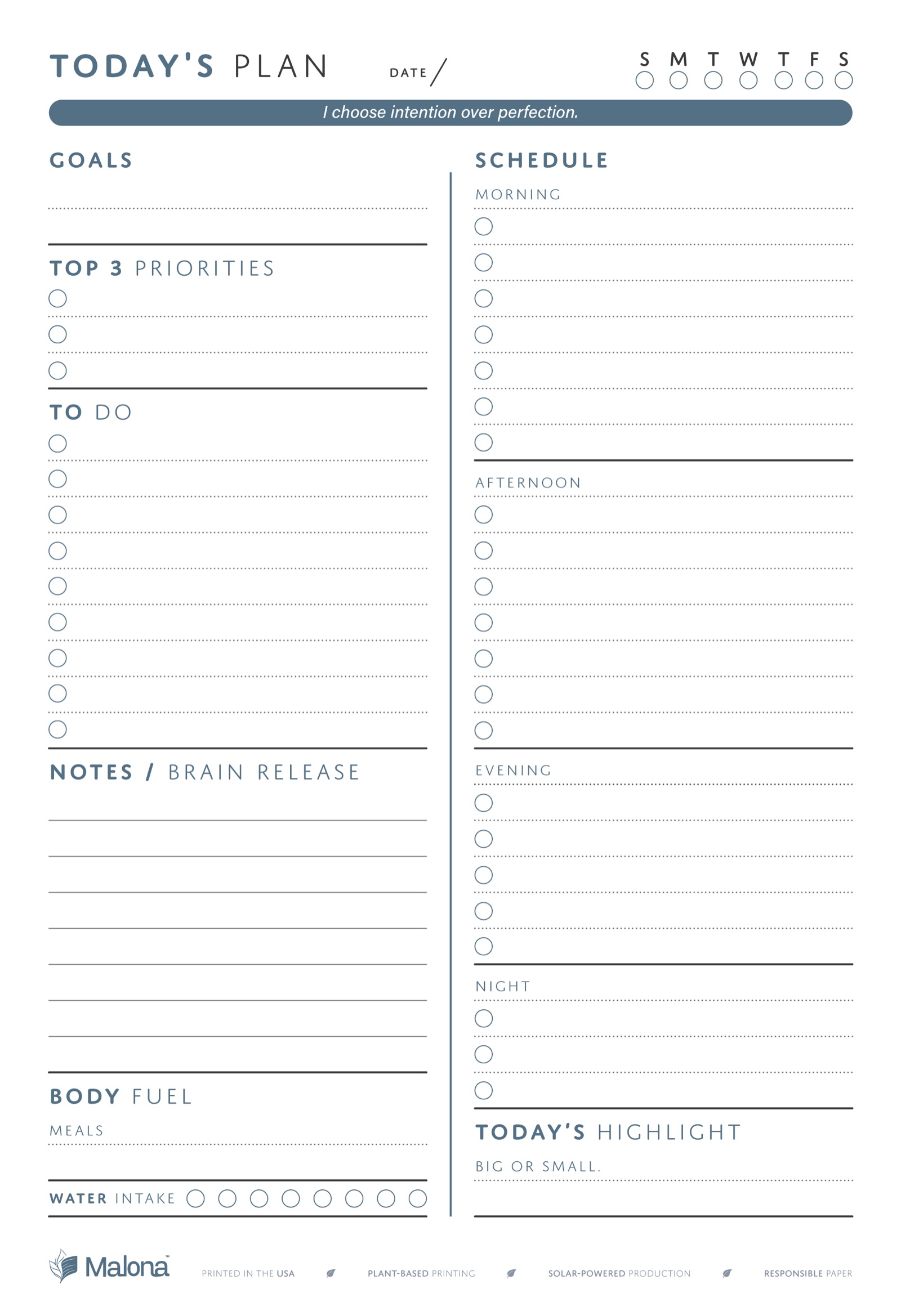 Full undated Malona Daily Planner page with priorities, time blocks, Brain Release, meals, water, and a daily highlight.