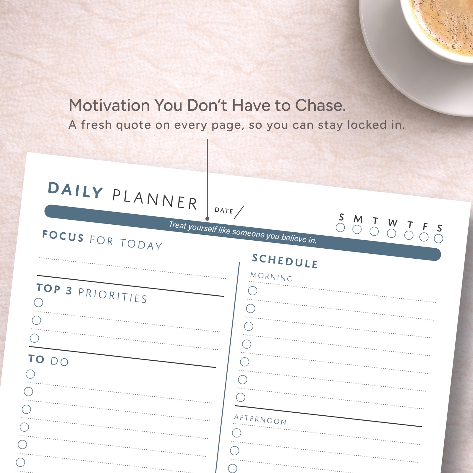 Styled Malona Daily Planner image highlighting the different quote on every page.