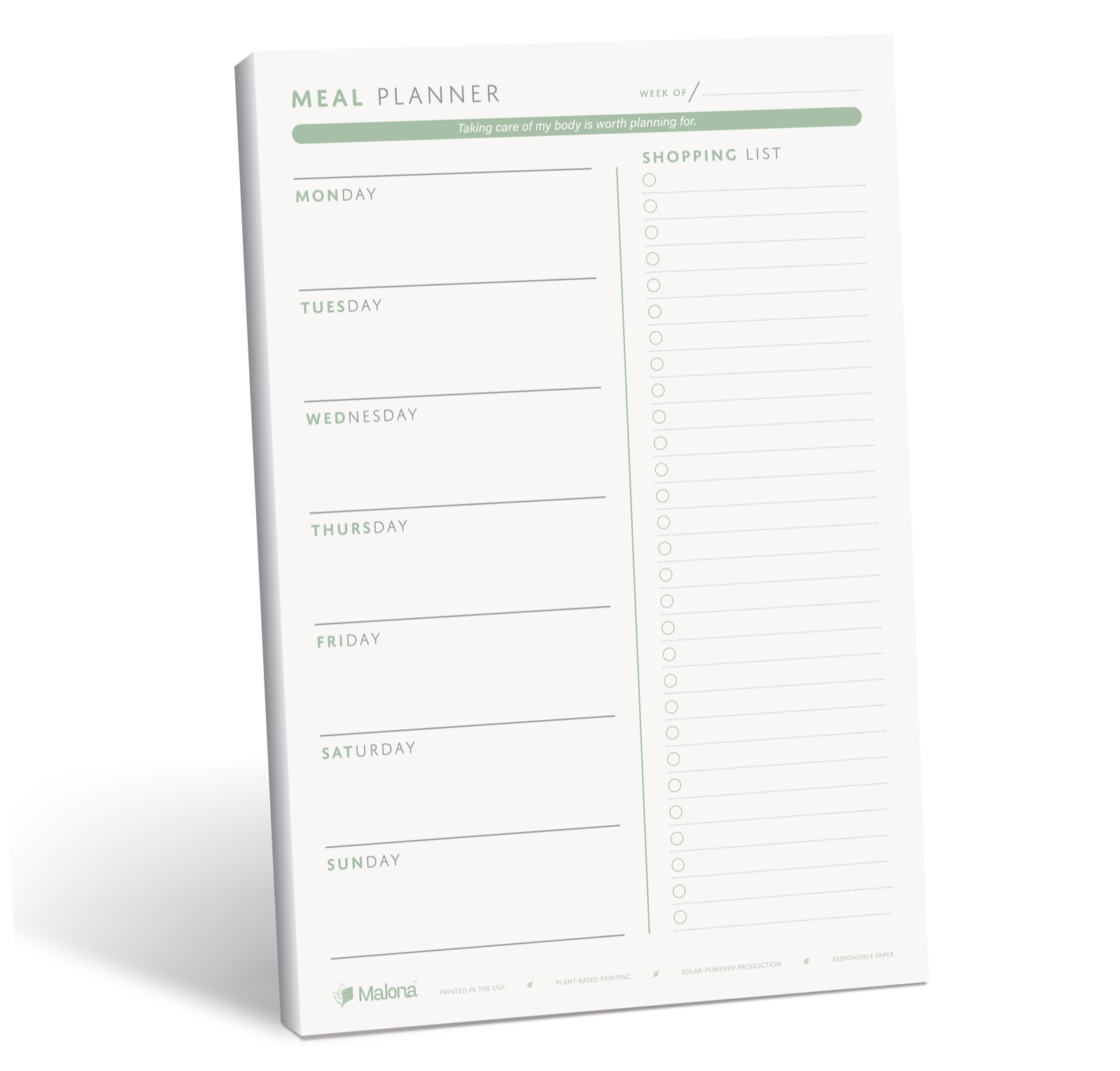 Angled Malona Weekly Meal Planner notepad on a clean white background.