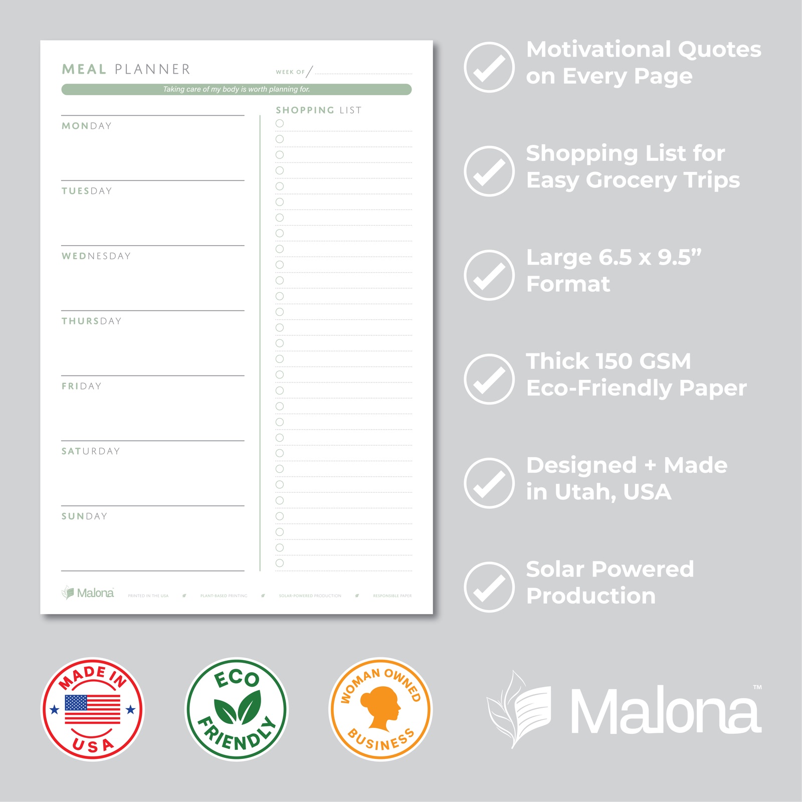 Malona Weekly Meal Planner with its quote, grocery-list, size, paper, and Utah-production features.