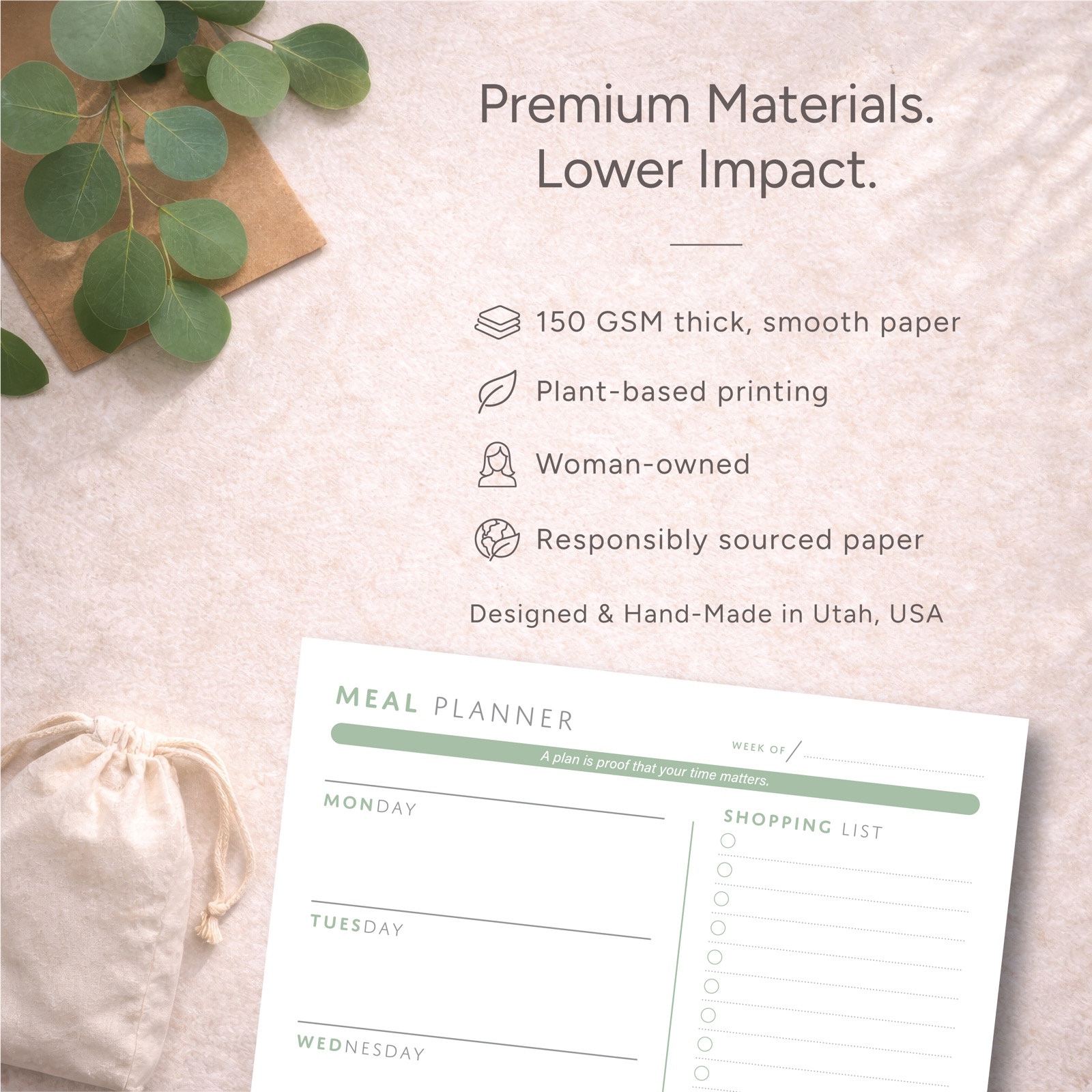 Malona Weekly Meal Planner materials image showing 150 GSM paper and production facts.