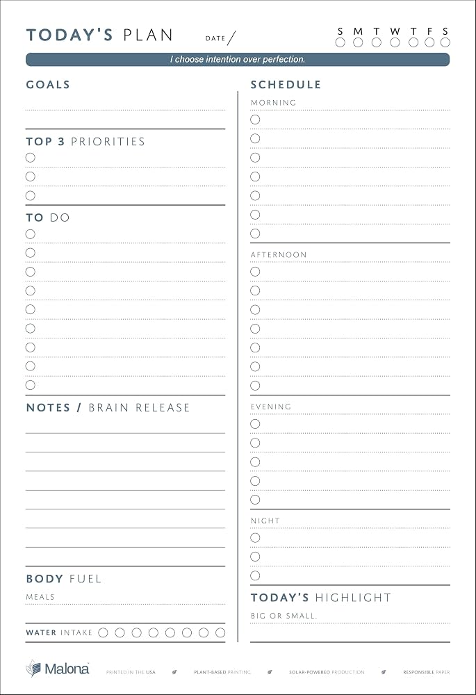 Undated Malona Daily Planner page with goals, Top 3 priorities, to-do list, brain release, broad time blocks, meals, water, and today's highlight