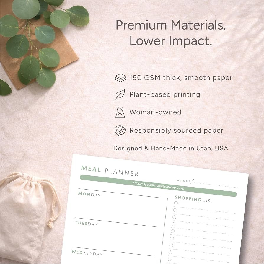 Malona Meal Planner materials overview showing 150 GSM paper, plant-based printing, woman-owned production, and Utah craftsmanship