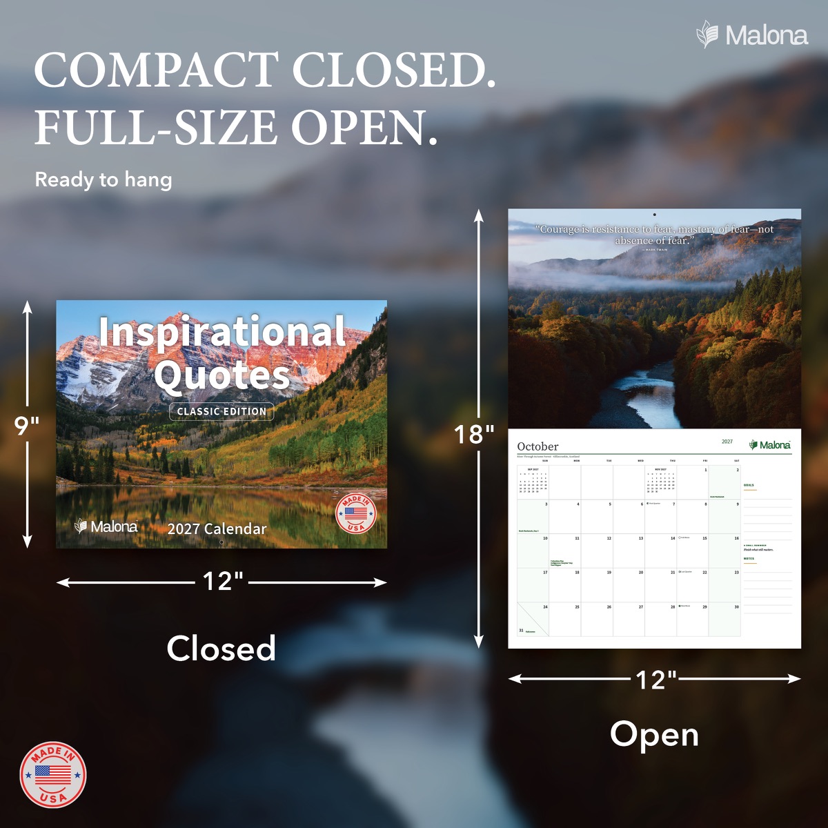 Size and construction overview for the 2027 Inspirational Quotes Classic Edition Calendar wall calendar