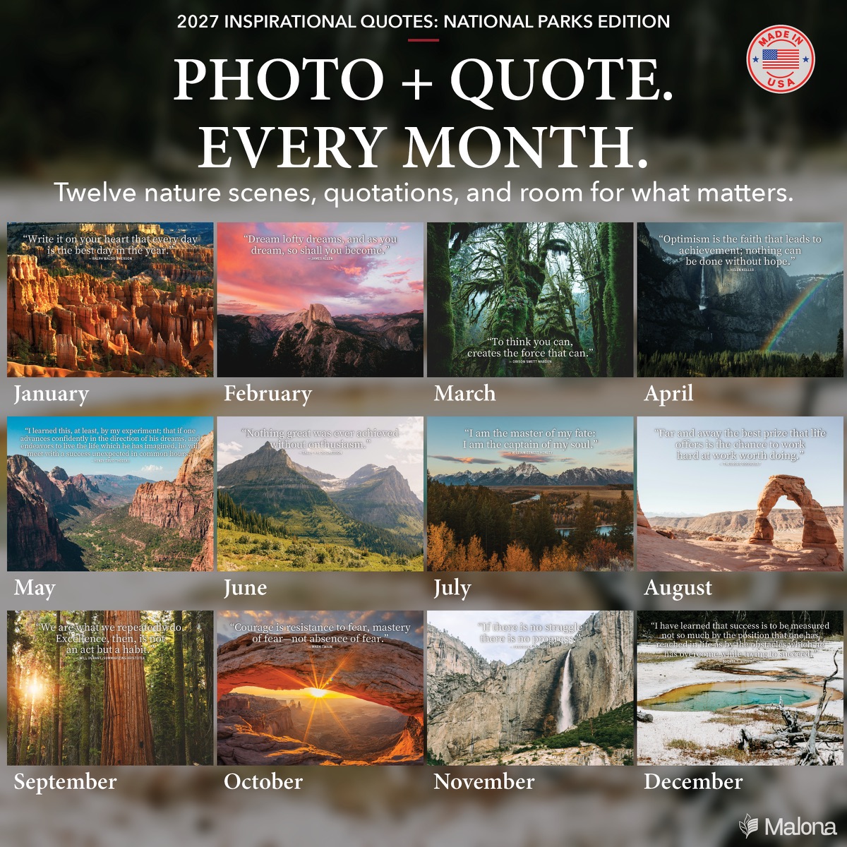 Twelve-month image preview of the 2027 Inspirational Quotes National Parks Edition Calendar calendar