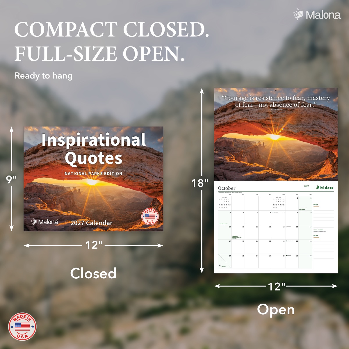 Size and construction overview for the 2027 Inspirational Quotes National Parks Edition Calendar wall calendar
