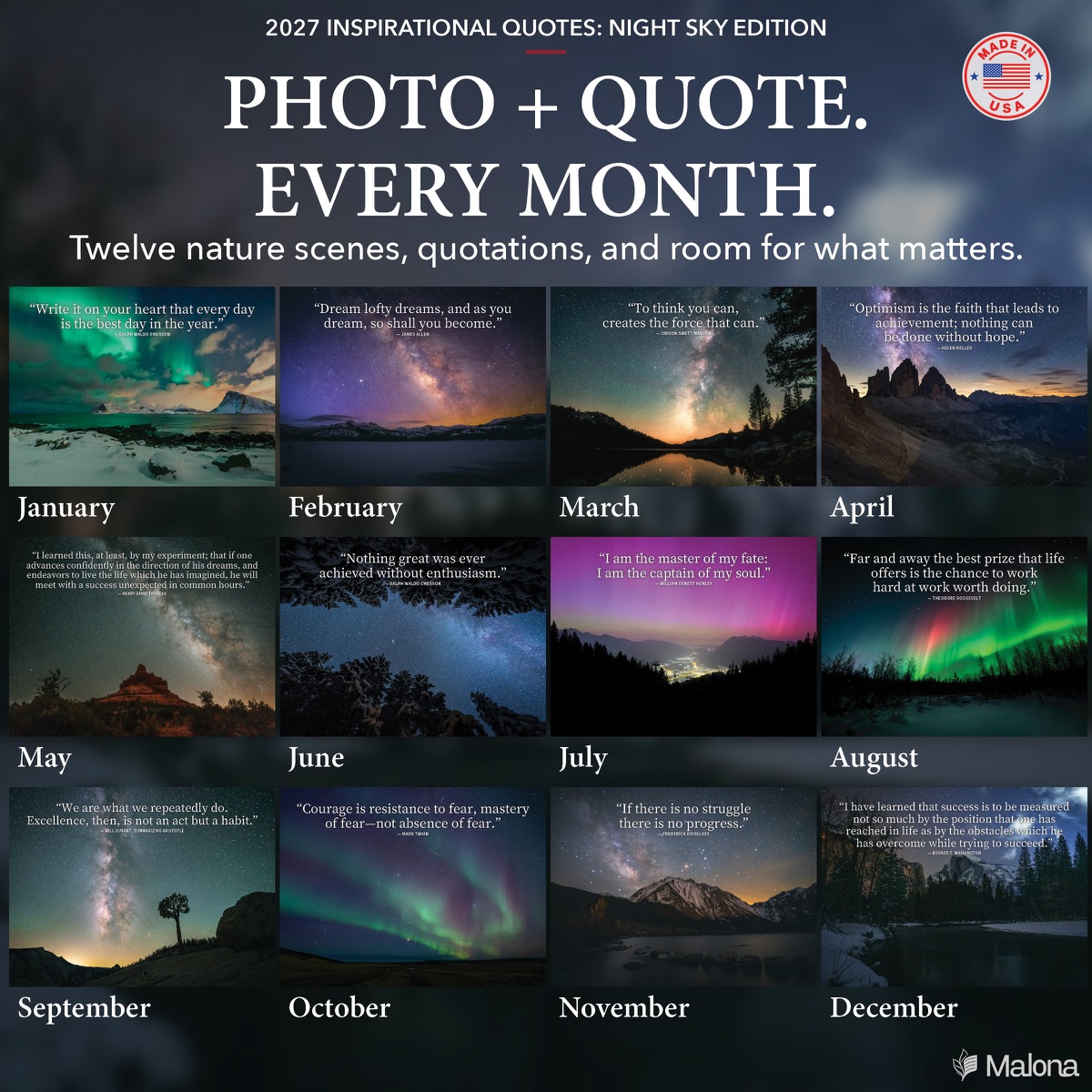 Twelve-month image preview of the 2027 Inspirational Quotes Night Sky Edition Calendar calendar