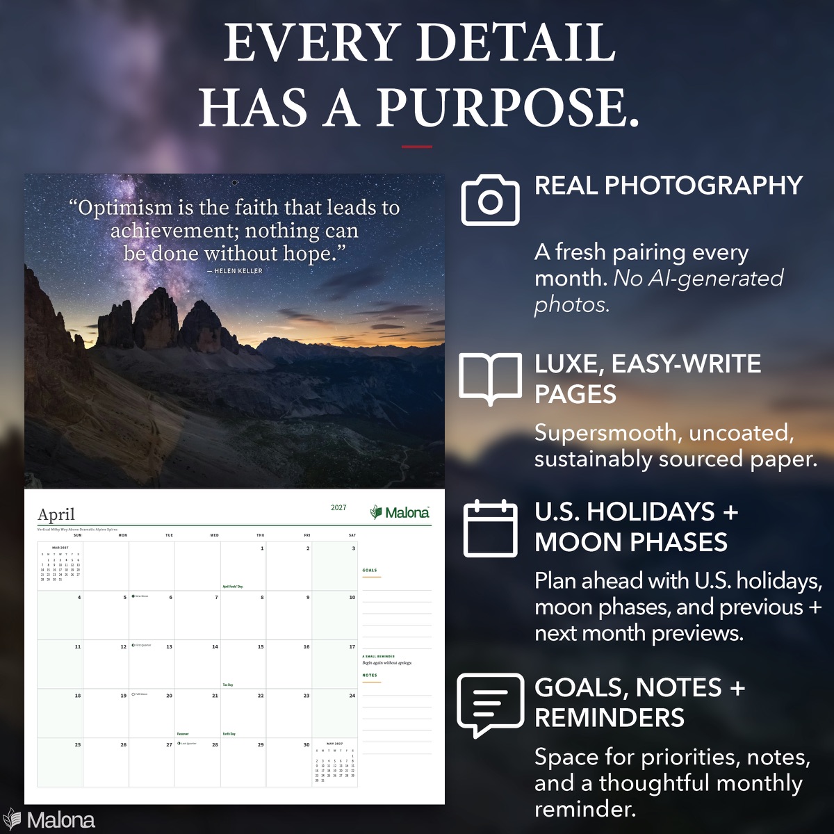Open month of the 2027 Inspirational Quotes Night Sky Edition Calendar calendar with a large writing grid