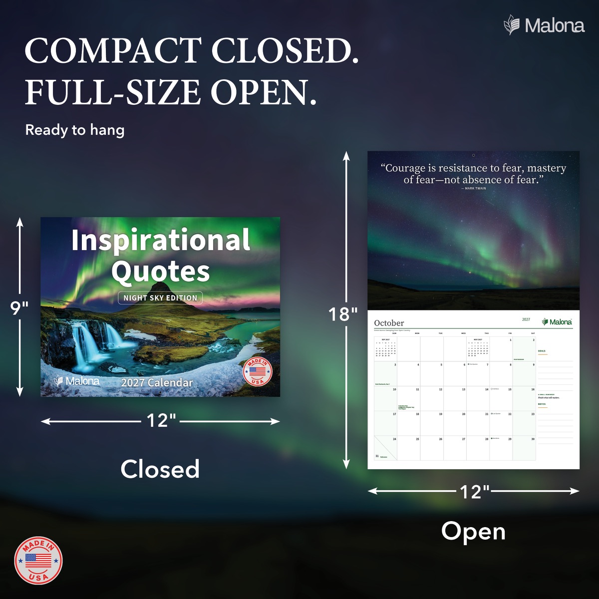 Size and construction overview for the 2027 Inspirational Quotes Night Sky Edition Calendar wall calendar