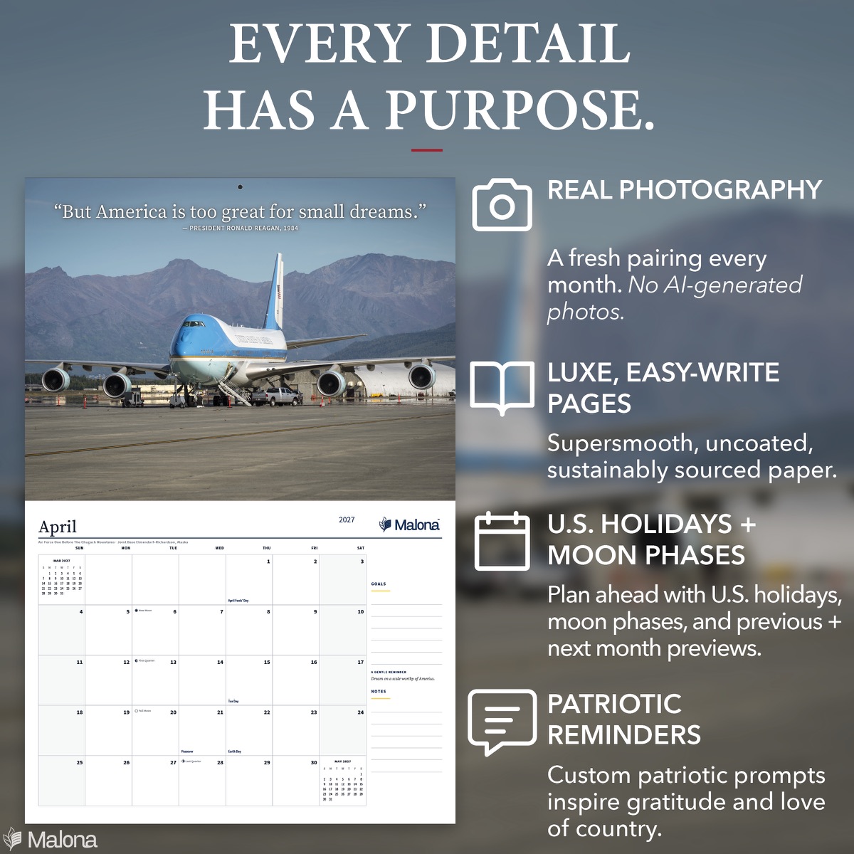 Open month of the 2027 American Spirit Calendar calendar with a large writing grid