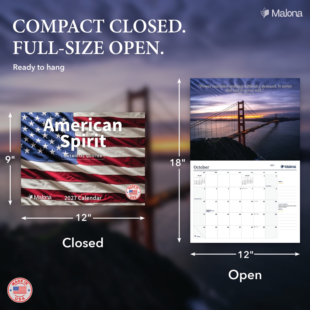 Size and construction overview for the 2027 American Spirit Calendar wall calendar