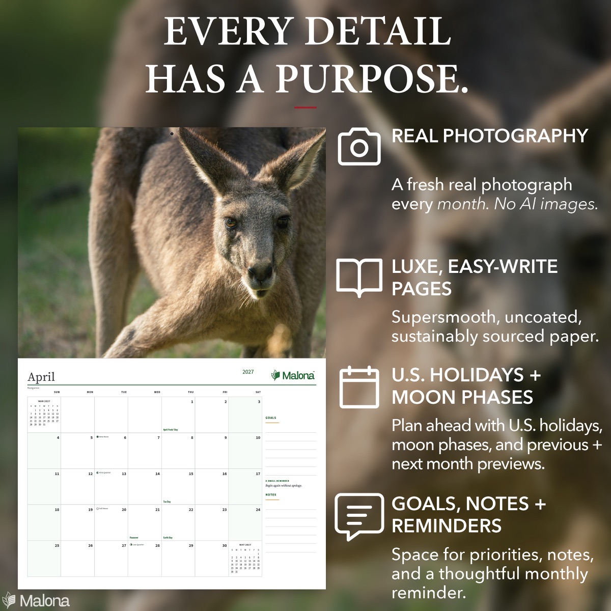 Open month of the 2027 Wildlife Calendar calendar with a large writing grid