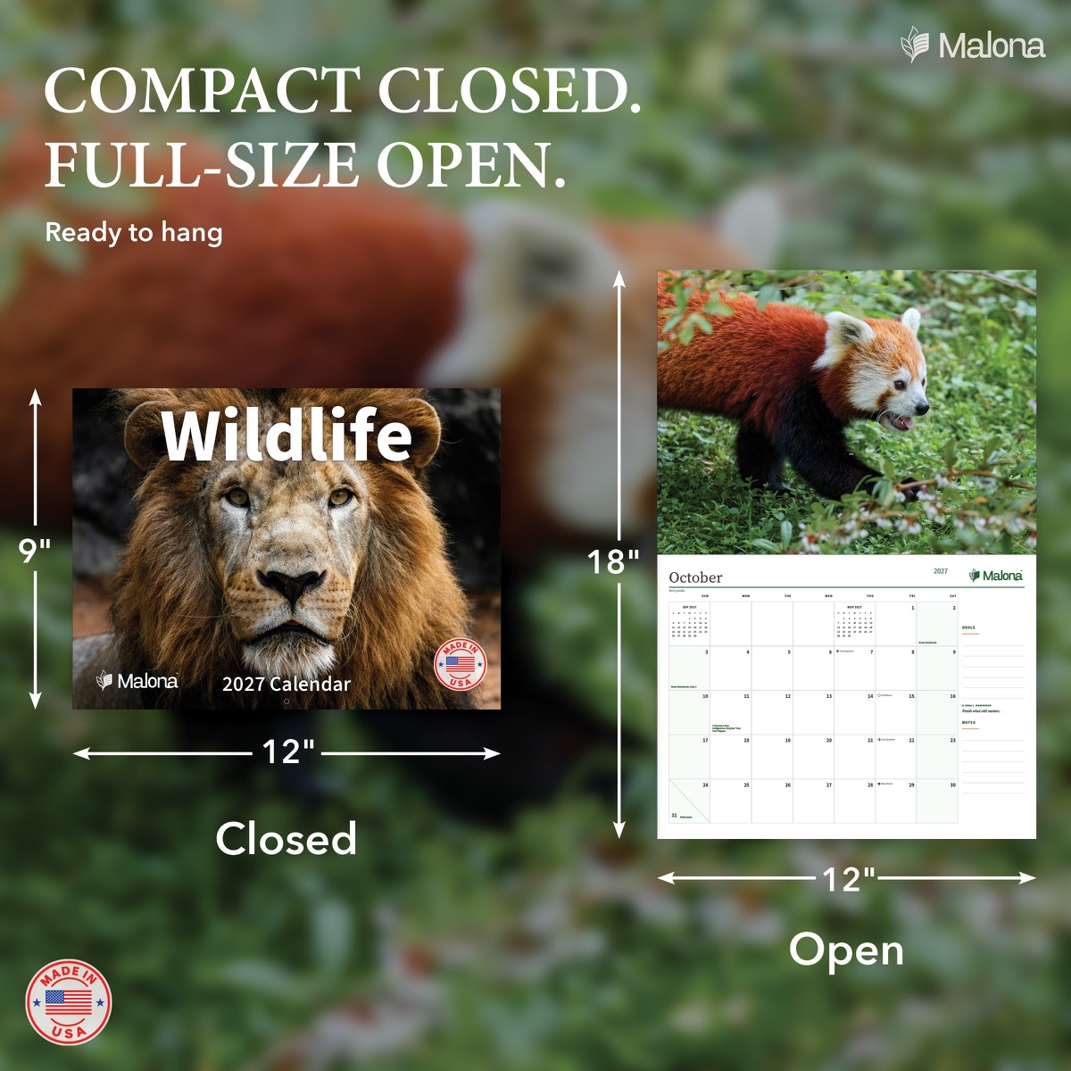 Size and construction overview for the 2027 Wildlife Calendar wall calendar