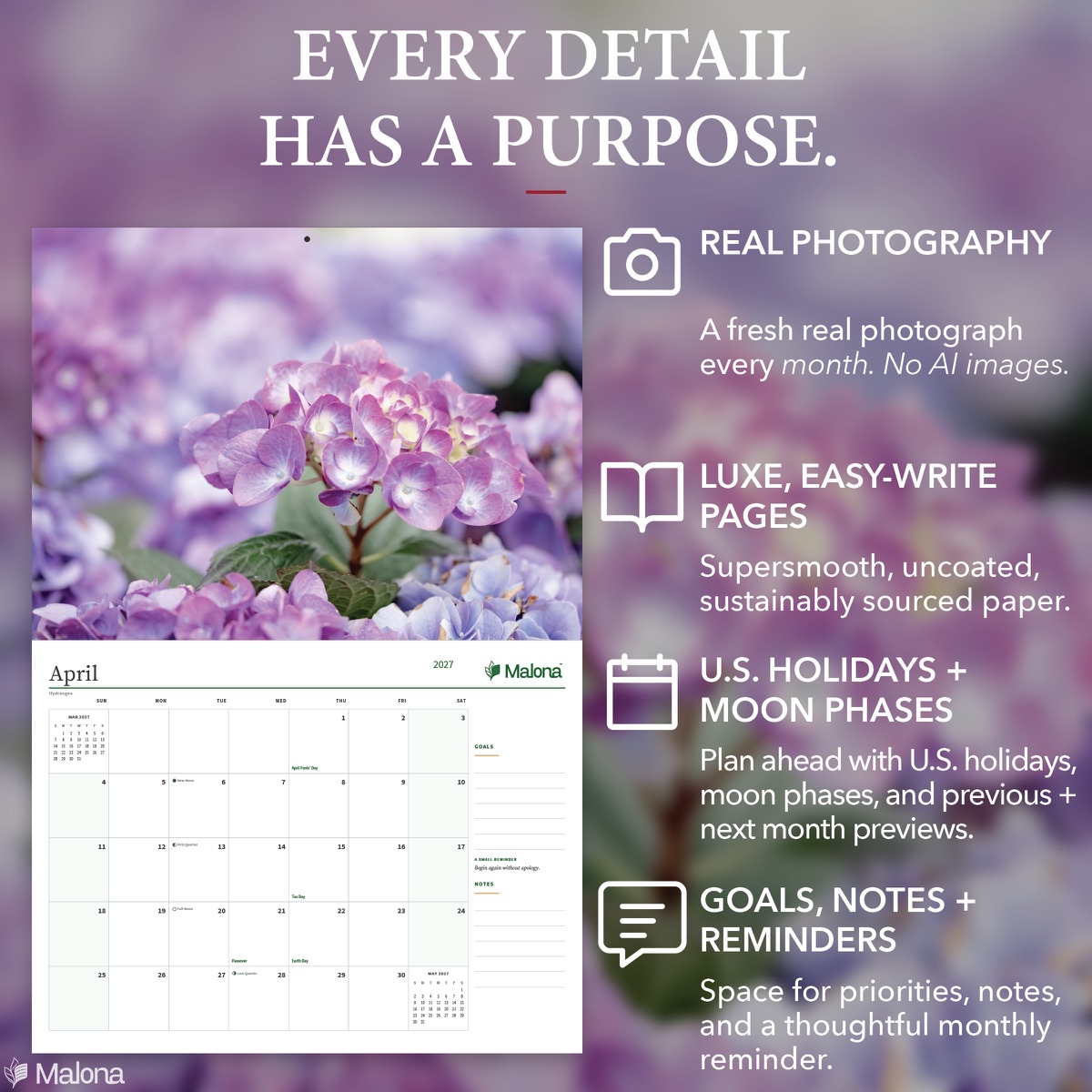 Open month of the 2027 Flowers in Bloom Calendar calendar with a large writing grid
