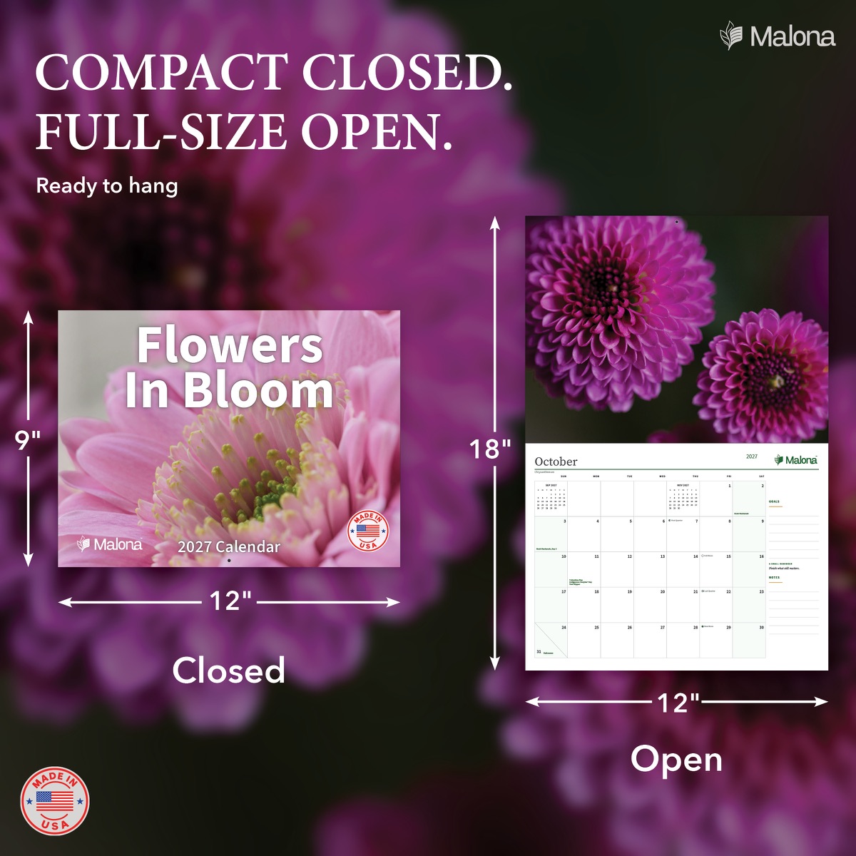Size and construction overview for the 2027 Flowers in Bloom Calendar wall calendar
