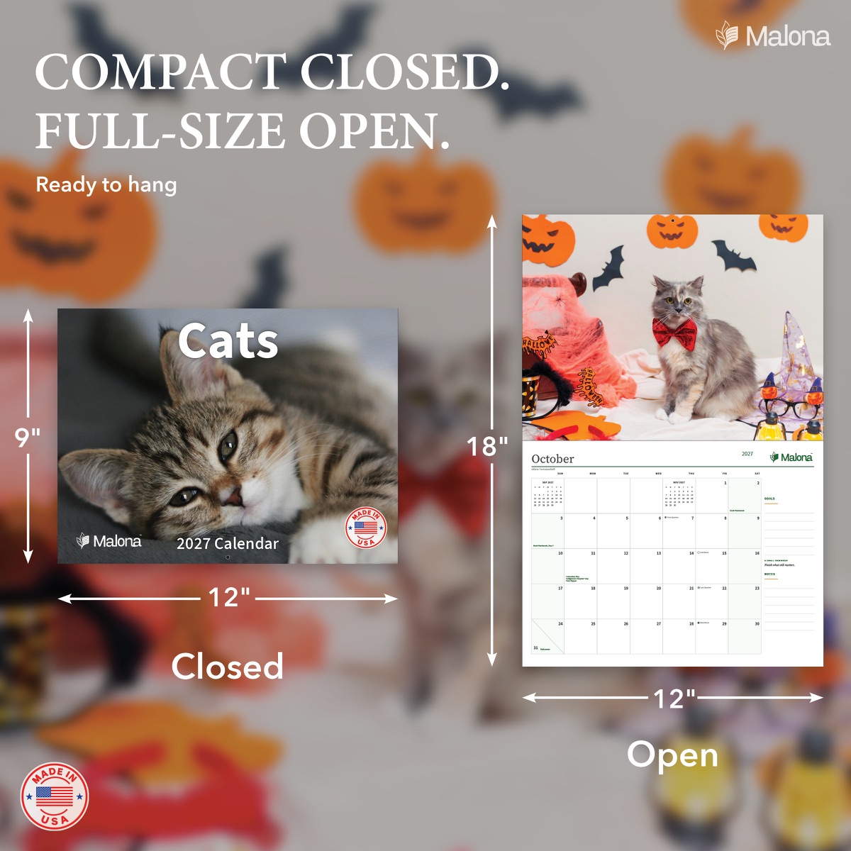 Size and construction overview for the 2027 Cats Calendar wall calendar