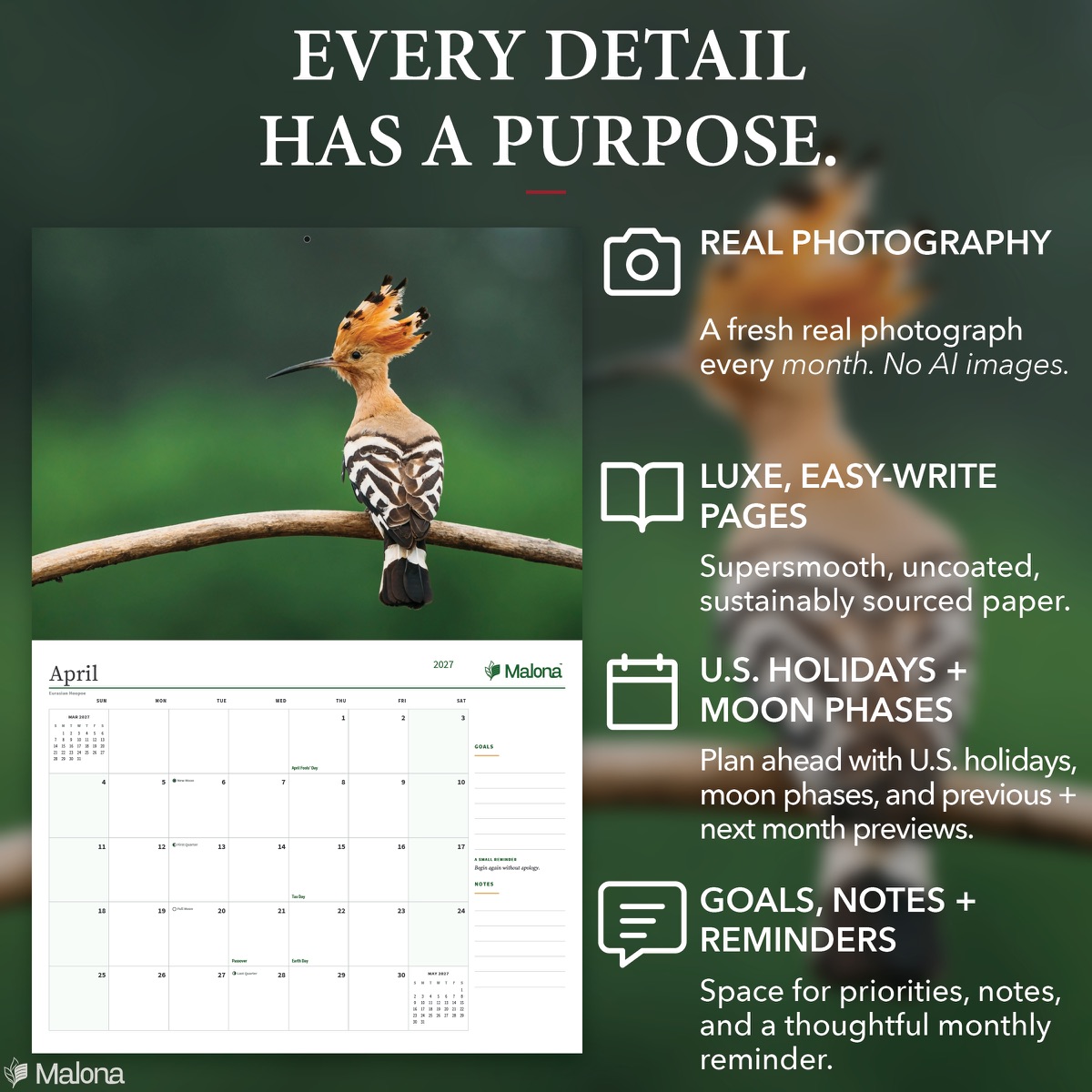 Open month of the 2027 Birds Calendar calendar with a large writing grid