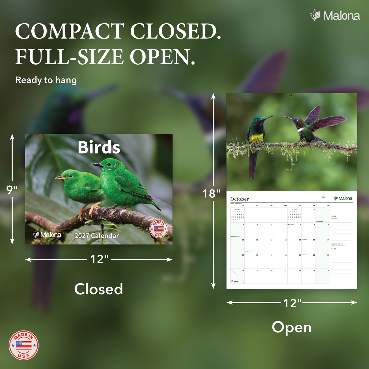 Size and construction overview for the 2027 Birds Calendar wall calendar