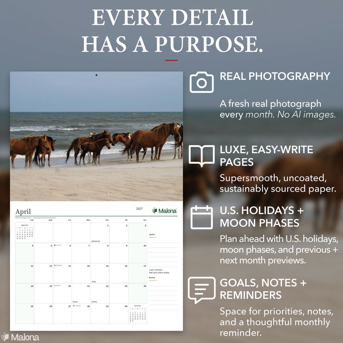 Open month of the 2027 Wild Horses Calendar calendar with a large writing grid