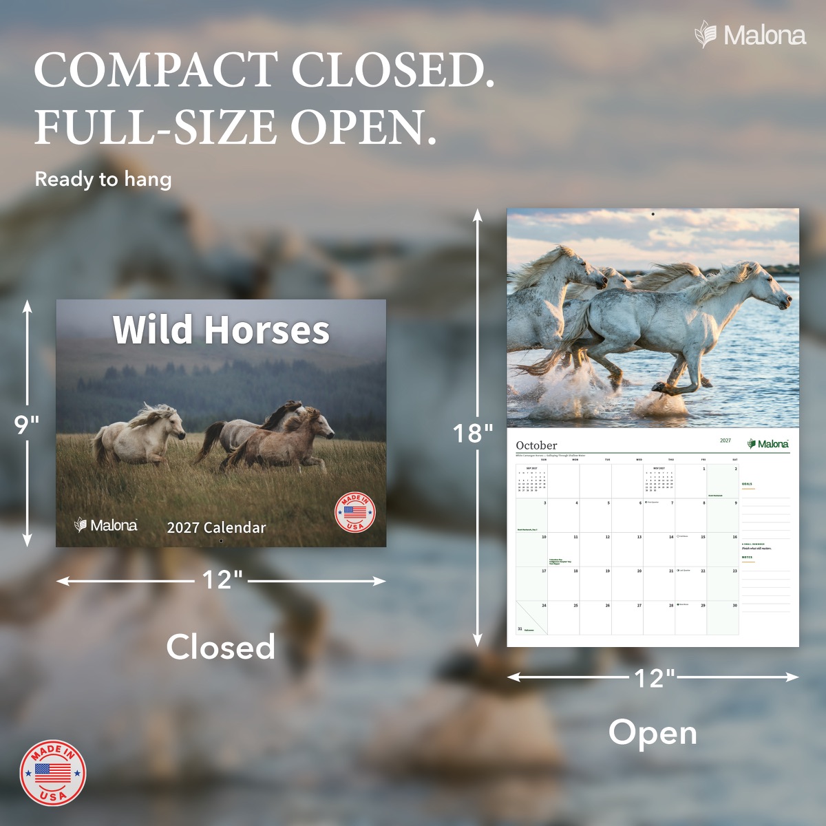 Size and construction overview for the 2027 Wild Horses Calendar wall calendar