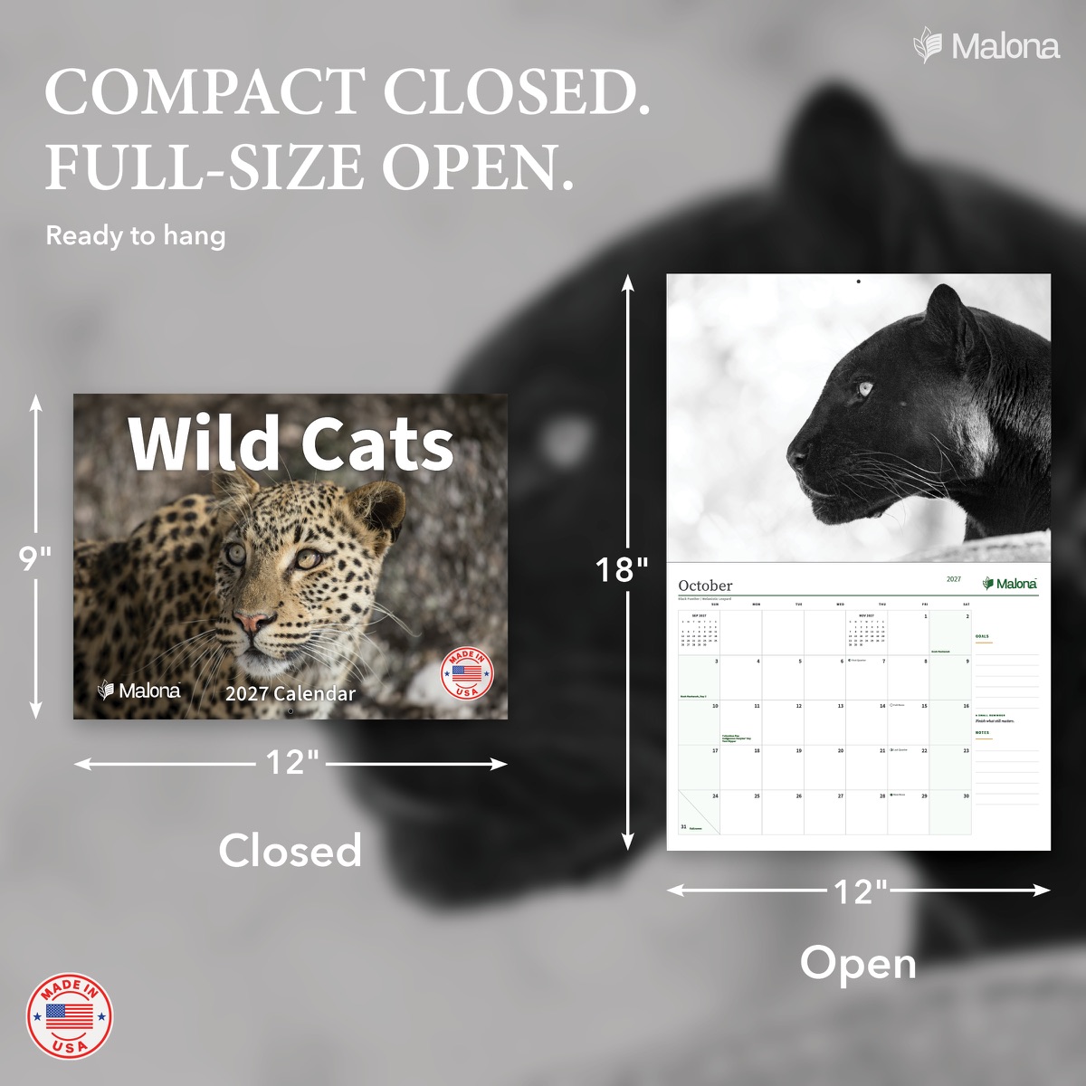 Size and construction overview for the 2027 Wild Cats Calendar wall calendar