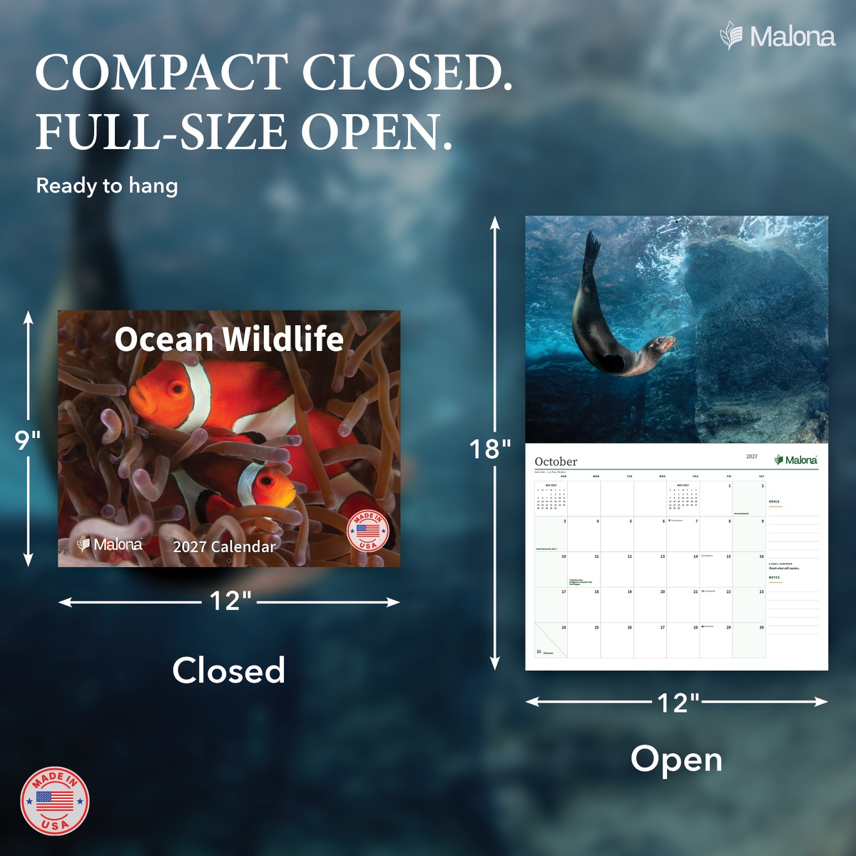 Size and construction overview for the 2027 Ocean Wildlife Calendar wall calendar