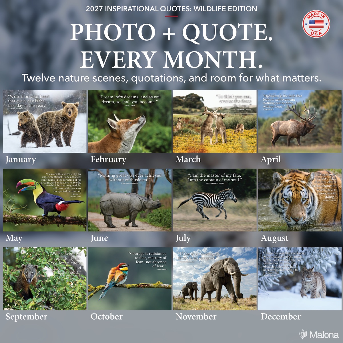Twelve-month image preview of the 2027 Inspirational Quotes Wildlife Edition Calendar calendar