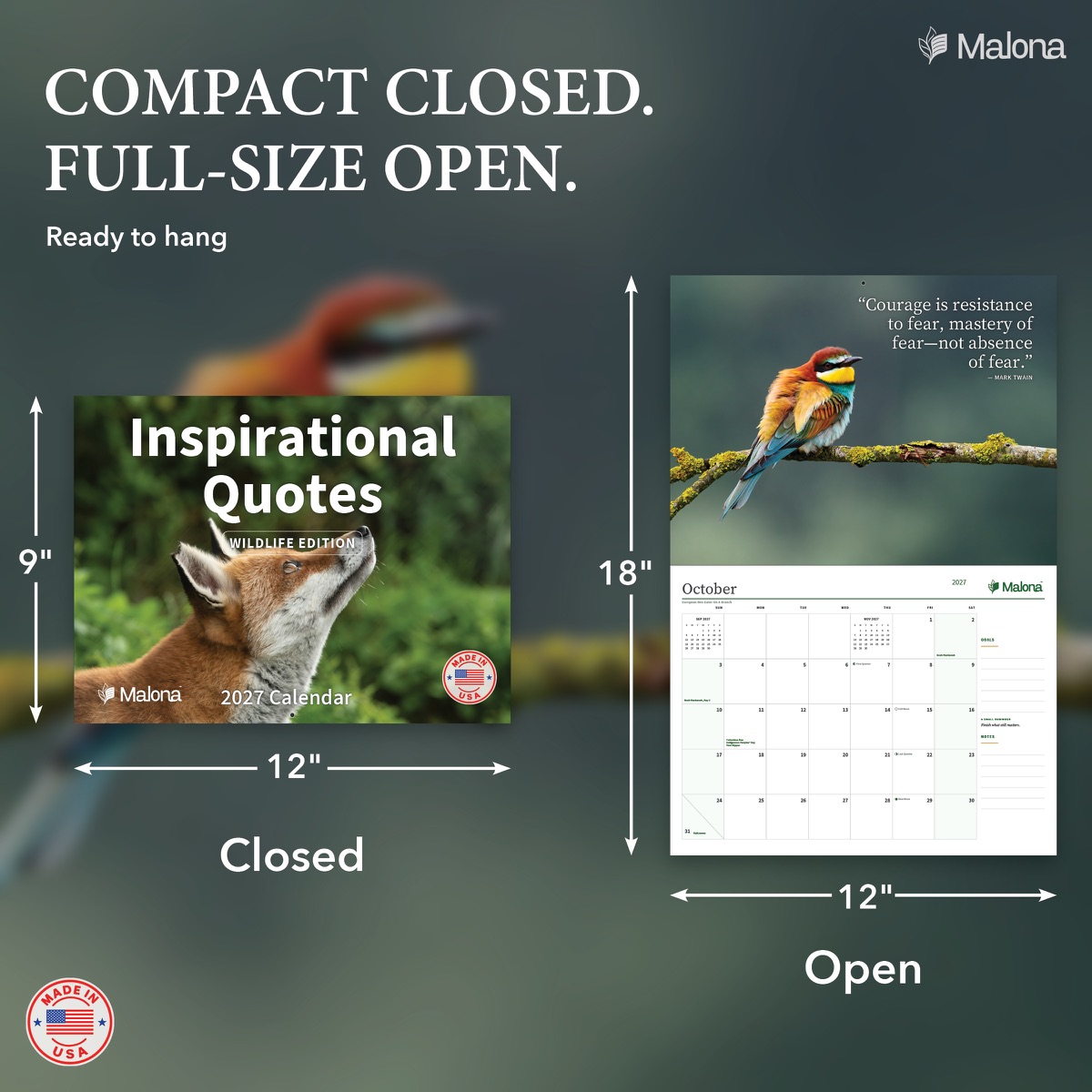 Size and construction overview for the 2027 Inspirational Quotes Wildlife Edition Calendar wall calendar