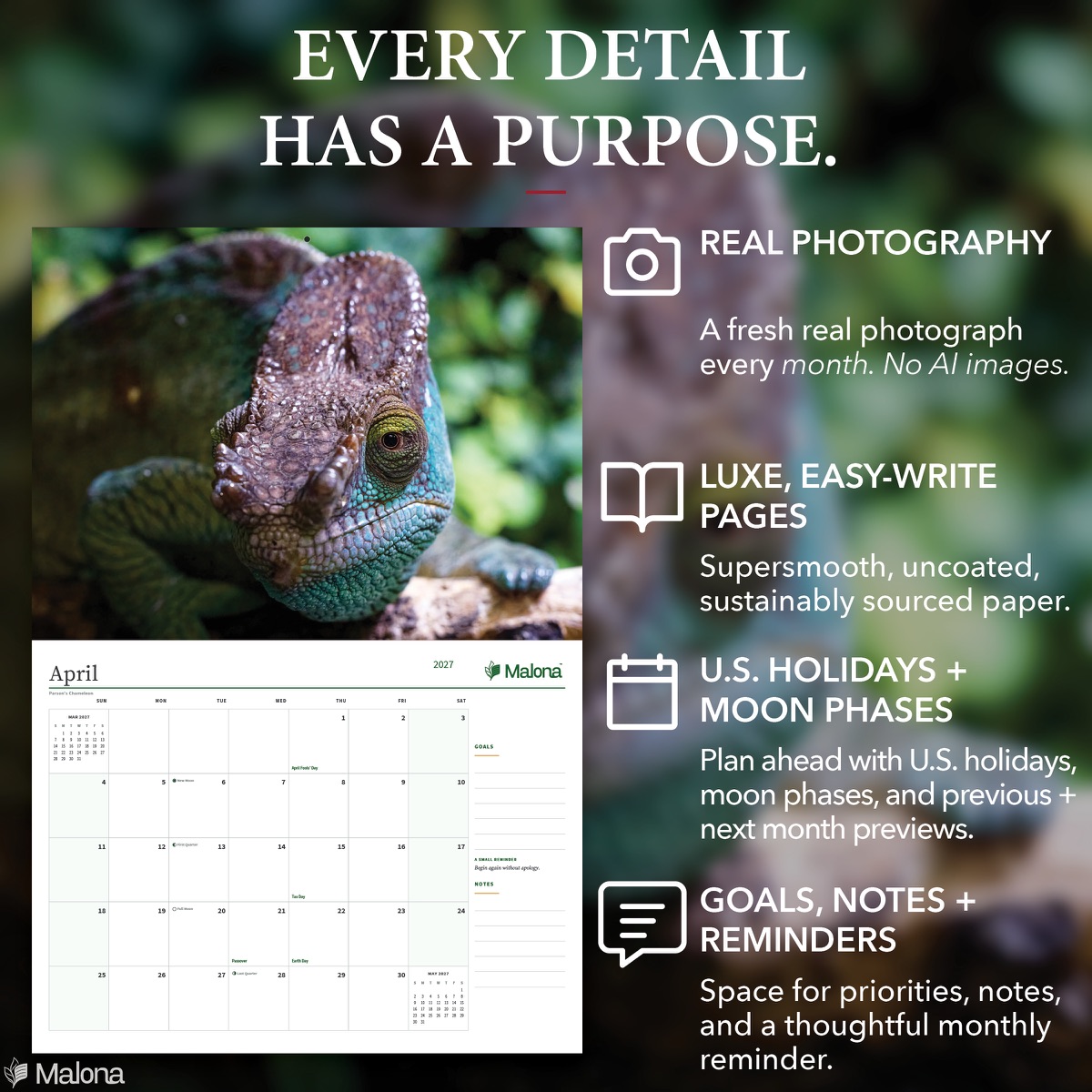 Open month of the 2027 Reptiles Calendar calendar with a large writing grid
