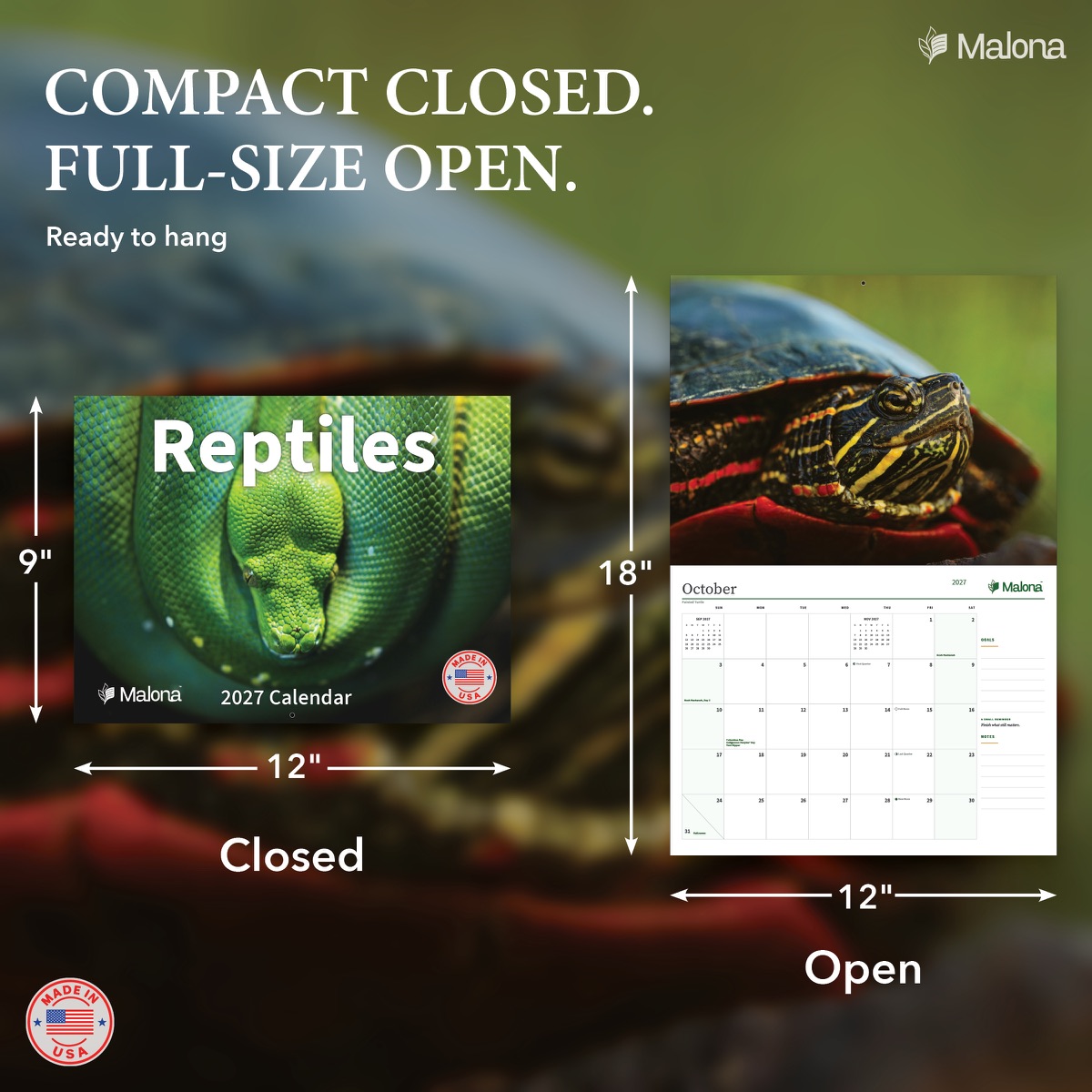 Size and construction overview for the 2027 Reptiles Calendar wall calendar