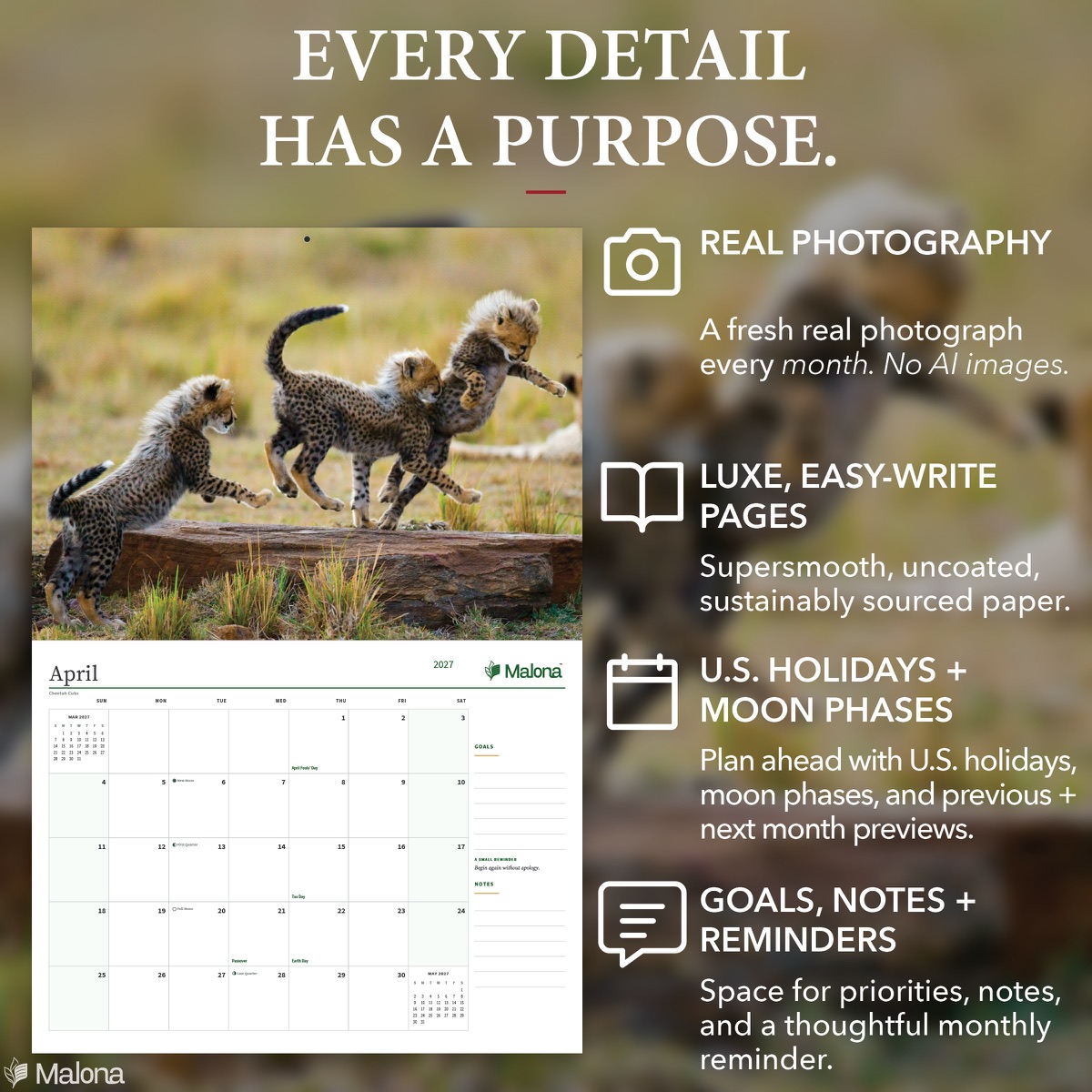 Open month of the 2027 Baby Animals Calendar calendar with a large writing grid