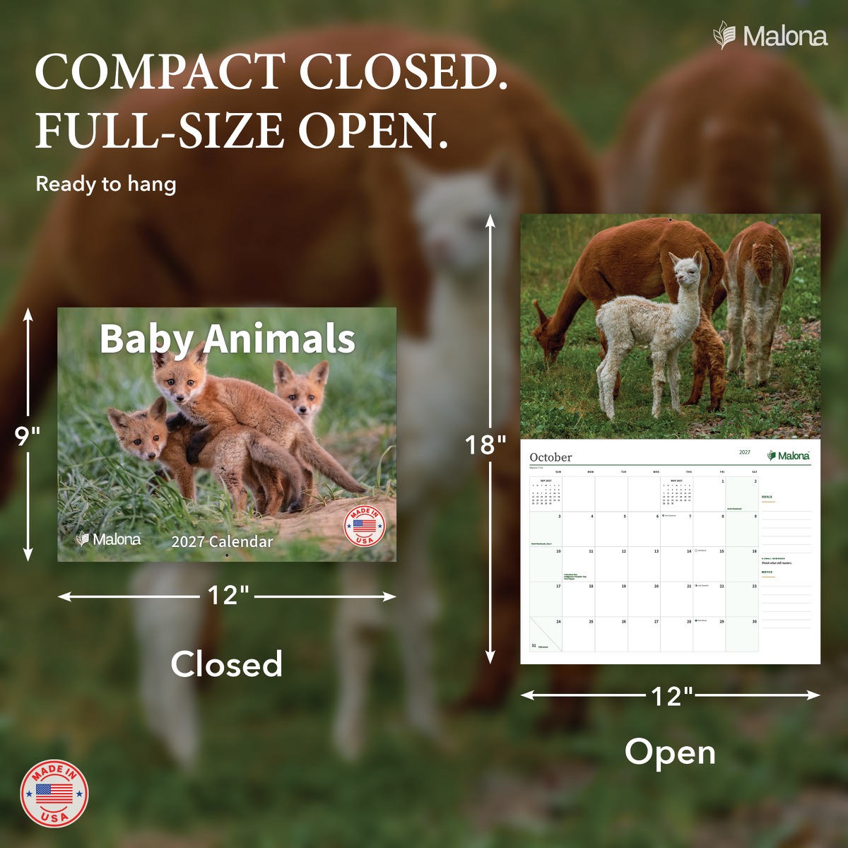 Size and construction overview for the 2027 Baby Animals Calendar wall calendar